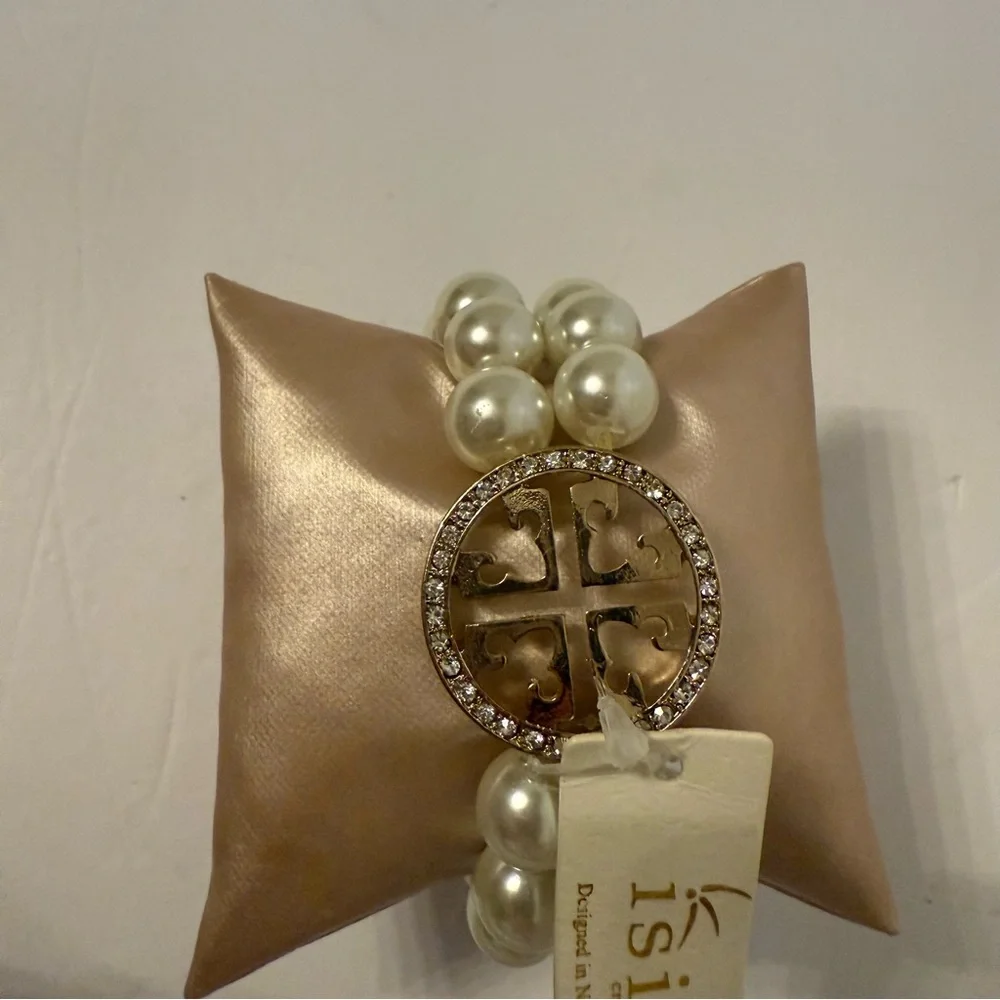 NEW ISIS CREATIVE BRACELET WHITE FAUX PEARL DOUBLE STRAND GOLD T RHINESTONE